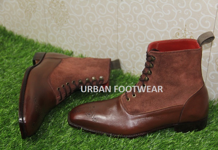 New Mens Handmade Stylish Formal Boot, Brown Suede & Burgundy Leather Casual