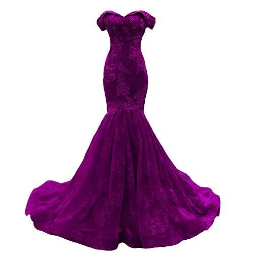 Women Off The Shoulder Beaded Lace Mermaid Long Evening Prom Dress Purple US 14
