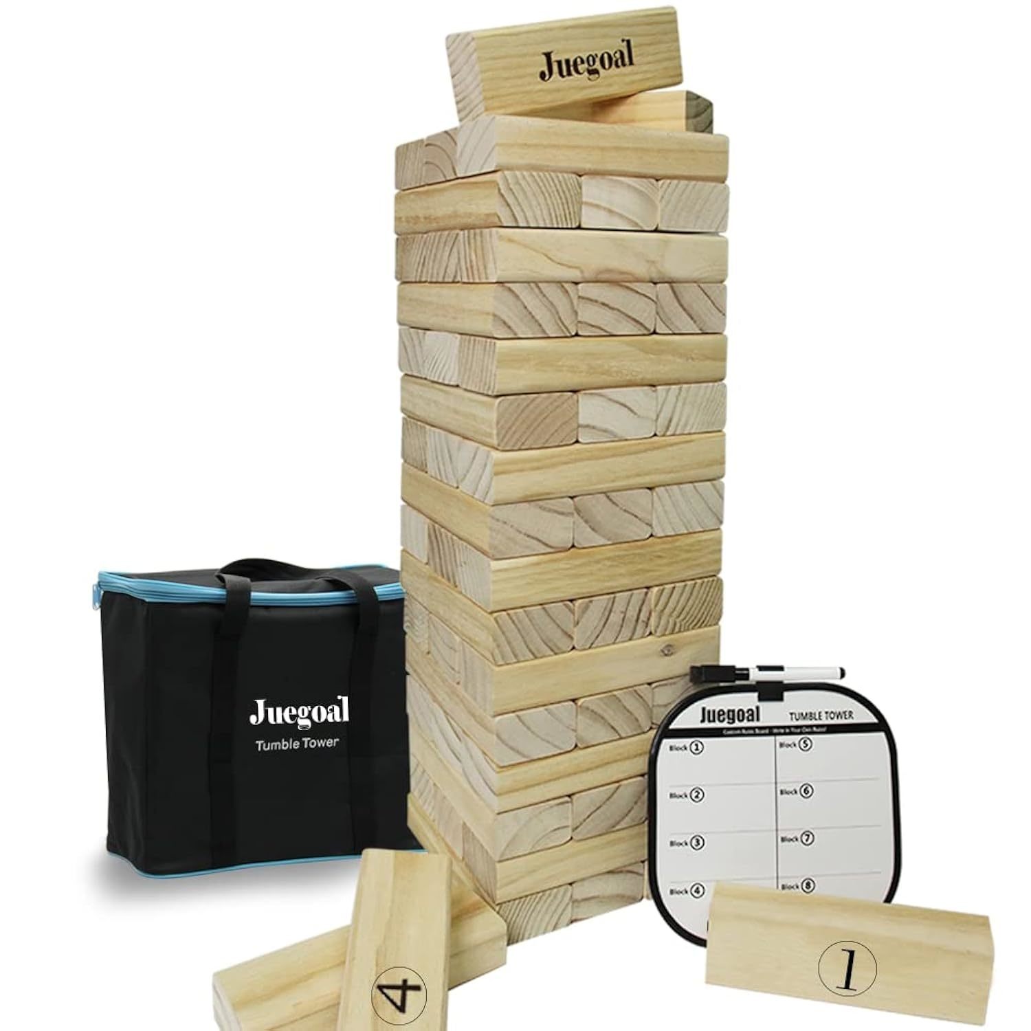 54 Piece Giant Tumble Tower, Wooden Block Game With Gameboard, Canvas Bag For Ou