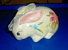 Grazing Bunny Figurine Raised Flower Design With Attached Organza BOW/LUSTERWARE - £14.93 GBP
