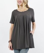 Zenana Ash Gray Pleated Scoop Neck Short-Sleeve Pocket Top Ash Grey Smal... - $9.84 CAD