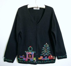Vtg Marisa Christina Woman Christmas Cardigan Sweater 1X Embroidery Sequin Tree - £27.52 GBP