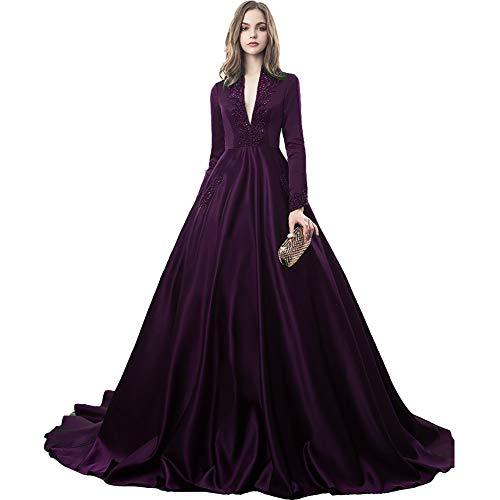 Vintage Long Sleeves Beaded V Neck Formal Evening Prom Dresses Dark Purple US 14
