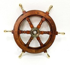 Solid Brass Handle 18&quot; Wooden Helm Ship Wheel Boat Steering Antique Wall Decor  - £71.40 GBP