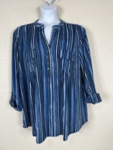 NWT Cocomo Womens Plus Size 3X Blue Striped Pocket V-neck Blouse 3/4 Sleeve - £22.82 GBP