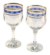 Steamed Wine Glasses Blue Floral Diamond &amp; Gold Rim Design, Swirl Glass - $51.43