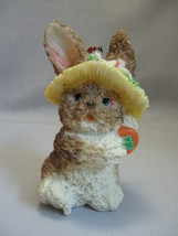Brown &amp; White Rabbit Holding A Carrot Flower Hat With Lady Bug Resin Figurine  - £7.22 GBP