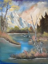 Mountain Lake In Autumn Original Oil Painting Landscape Sunset Skies 24&quot;... - $148.99
