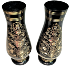 2 Vintage Etched Floral Brass Black Metal Vases India 6&quot; Bohemian Ethnic... - $28.99