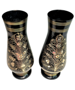 2 Vintage Etched Floral Brass Black Metal Vases India 6&quot; Bohemian Ethnic... - £22.79 GBP