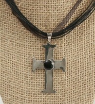 925 Sterling Cross Pendant with Black Onyx 2 Inches Tall Handcrafted On Cord VTG - £21.85 GBP