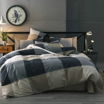 Reversible Cotton Plaid Bedding Set King Modern Soft Grid Checkered Duvet Cover  - £91.72 GBP