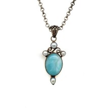 Sterling Silver Larimar and Pearl Pendant with 20 inch Chain Necklace - £232.50 GBP