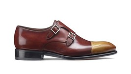 Handmade Men&#39;s Monk Shoes, Burgundy &amp; Tan Color Leather Cap Toe Monk Strap Shoes - £127.09 GBP