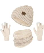 3 Pcs Winter Hat Scarf Gloves Set Women Beanie Touchscreen Fleece Lined ... - $21.99