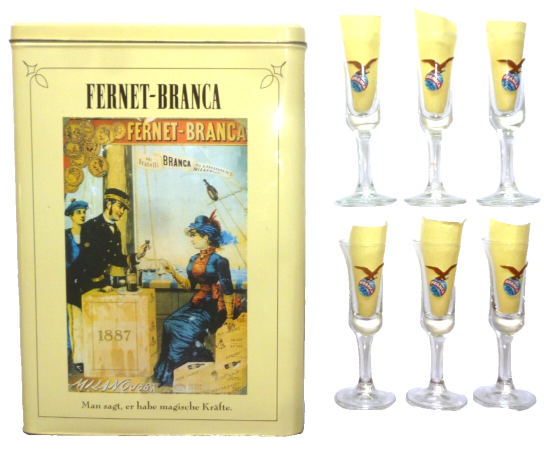 6 Fernet Branca Milano Shot Glasses &amp; Nostalgic Fernet Bottle Can - $0.00