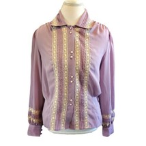 Vintage Lilac Purple Secretary Blouse Sheer Long Sleeve Lace Pearls Sz M... - £26.03 GBP