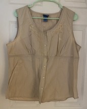 Classic Elements Vintage Embroidered Button-up Top XL Beige Sleeveless B... - $10.41