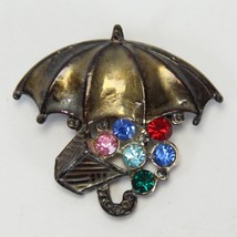Umbrella Rhinestone Brooch Pin 1-3/4&quot; W x 1 -1/2&quot; L  Excellent Condition - $328.62 MXN