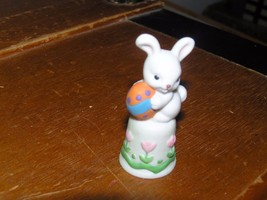 Vintage Enesco White Bunny Rabbit Holding Purple Polk A Dotted Orange Easter Egg - $8.59
