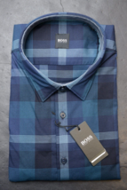 HUGO BOSS Hombre Ronni Azul Cuadros Algodón Negocios Camisa Informal Big Y 2XL - £45.36 GBP