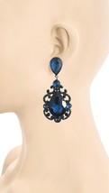 2.75&quot; Long Navy Blue Crystals Clip On Vintage Inspired Evening  Party Earrings - £15.86 GBP