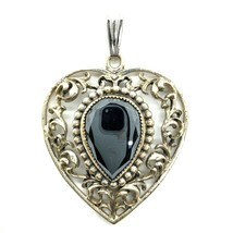 Vintage Sterling Silver Signed Danecraft Filigree Ornate Hematite Heart Pendant - £51.31 GBP