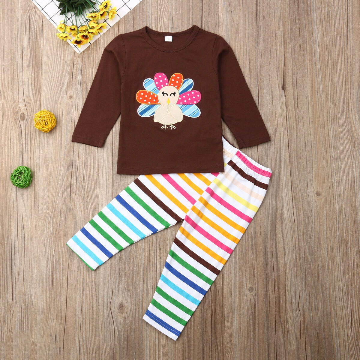 Primary image for NEW Thanksgiving Turkey Girls Shirt Rainbow Striped Leggings Outfit Set