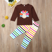 NEW Thanksgiving Turkey Girls Shirt Rainbow Striped Leggings Outfit Set - $8.44