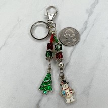 Red Green Beaded Snowman Christmas Tree Silver Tone Keychain Keyring - $6.92