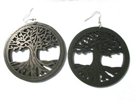 Black Wood Tree Of Life Cut Out Xl Rounds 3&quot; Long Pair Of Earrings Element - £5.86 GBP