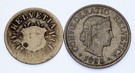 Suisse plein De 2 Pièces (1850 5 Centime VG , 1895 10 Centime XF ) Beau - $52.88 CAD