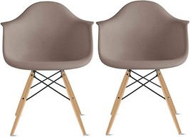 2xhome Plastic Arm Dining Chairs with Natural Wooden Legs, Gray, Set of 2 - £196.44 GBP