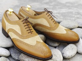 Handmade Pure Leather and Suede Tan &amp; Beige Wing Tip Brogue Oxford Dress Shoes - $144.99