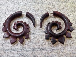 Rays of the Sun Fake Gauges Earrings  Curls  Recycled Rare Wood  Woman&#39;s... - £15.96 GBP