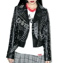 New Women Black Full Silver Spiked Studded Punk Rock Star Biker Leather Jacket - £221.42 GBP