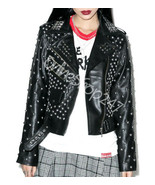 New Women Black Full Silver Spiked Studded Punk Rock Star Biker Leather Jacket - £223.29 GBP