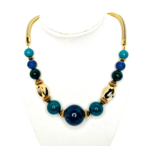 Gold Tone Necklace 16&quot; Beaded Tube Chain Blue Gold Beads Statement Career - £12.06 GBP