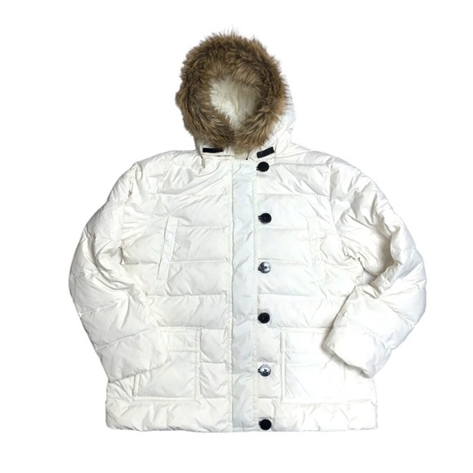 Primary image for White Quilted Winter Puffer GooseDown Coat Removable V-Fur Trim Hood Lands’ End