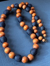 Long Chesnut Wood &amp; Navy Cord Wound Chunky Bead Necklace - 35 inches in length x - £7.41 GBP