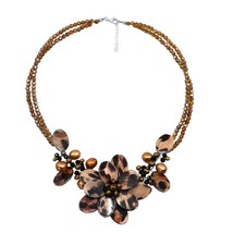 Amazing Bouquet Leopard Spotted Shell Flowers &amp; Pearls Statement Necklace - £23.48 GBP