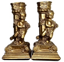 Vintage 5.5” Pair Mid Century Cherub Gold Paint Candle Holder Statue Chalkware - £23.91 GBP