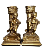 Vintage 5.5” Pair Mid Century Cherub Gold Paint Candle Holder Statue Cha... - $41.13 CAD