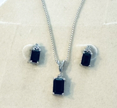 925 Sterling Silver Genuine Lab Sapphire  &amp; Cubic Zirconia Earrings Necklace Set - £14.20 GBP