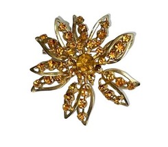 Vintage Gold Tone Faux Citrine Orange Rhinestone Flower Brooch Pin State... - £12.01 GBP