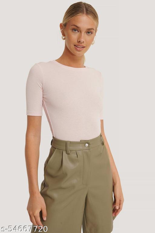 Round Neck Half Sleeve Ribbed Top for Women (Baby Pink) - $30.00