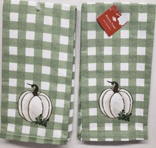 2 SAME COTTON KITCHEN TOWELS(16&quot;x26&quot;)FALL,WHITE PUMPKINS ON CHECKERED,PL... - £12.61 GBP