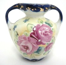 Vintage Hand Painted Vase Urn Two Handled Cobalt Gilded Trim 4&quot; Tall Lovely - £6.73 GBP