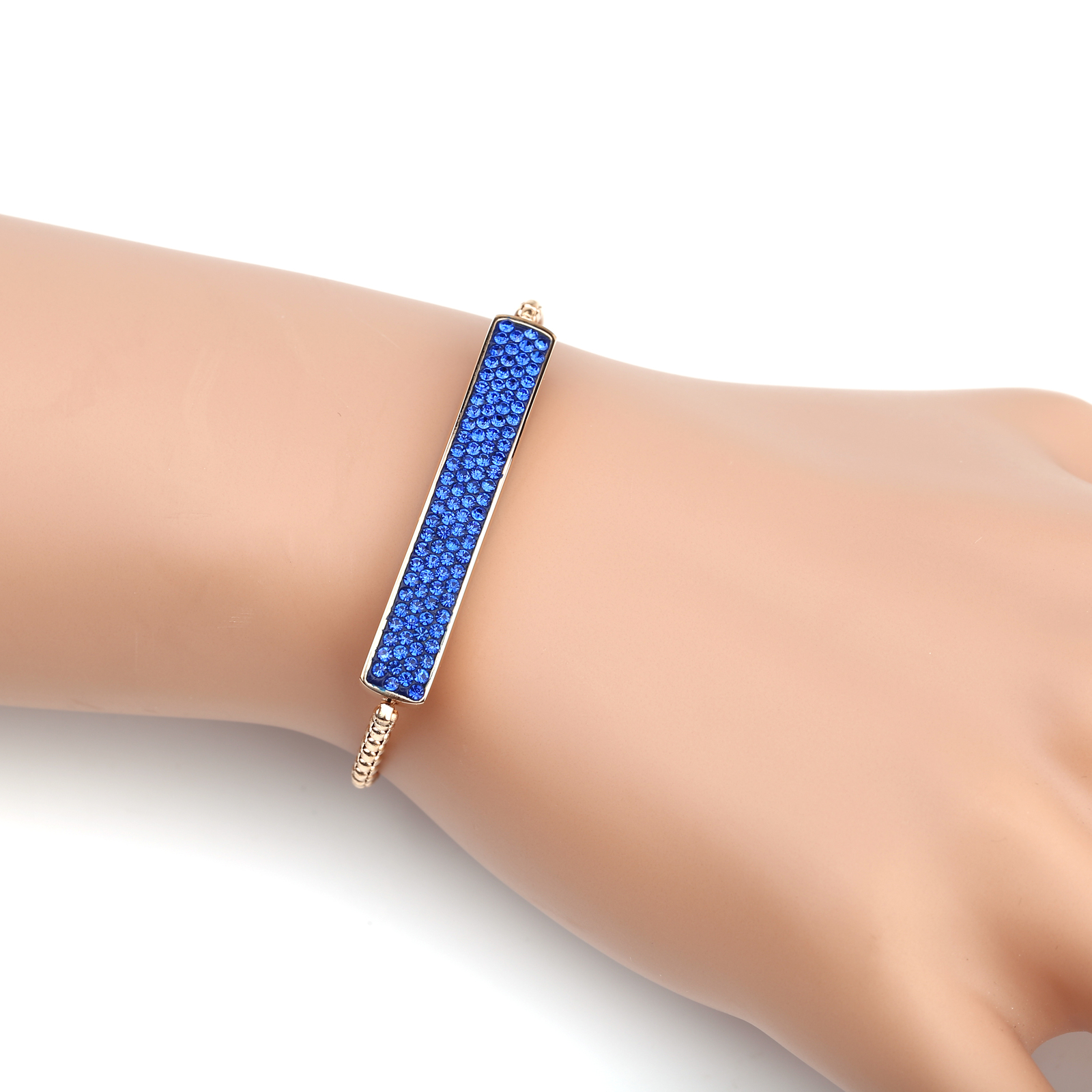 Rose Gold Tone Bolo Bar Bracelet Sapphire Blue Swarovski Style Crystals