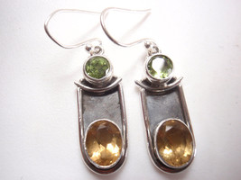 Faceted Citrine and Peridot Oxidized 925 Sterling Silver Dangle Earrings - £17.87 GBP